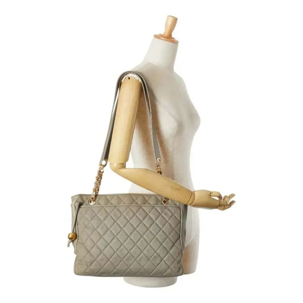 CHANEL Gray Leather Logo Tote Bag